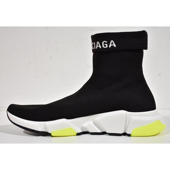 Balenciaga Mens Sock Speed Black White Yellow Logo Cuffed High Top Sneaker 43 10 - Picture 8 of 11